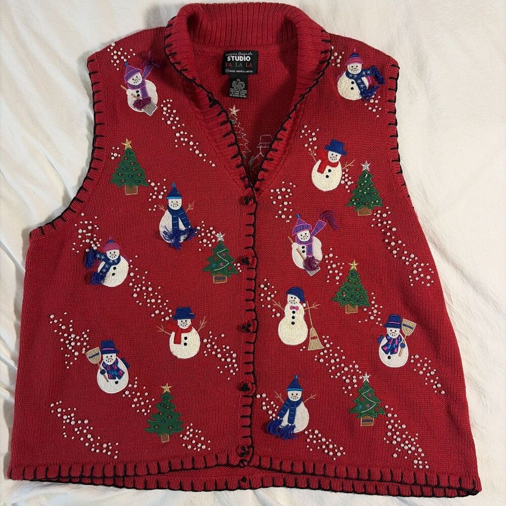 Vintage Studio Fa La La Woman's Christmas Sweater Vest Size XL Embroidered